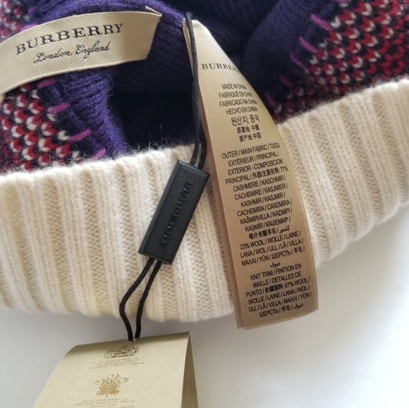 Burberry Cashmere Wool Pom Pom Beanie Purple Multicolor - Picture 4 of 9
